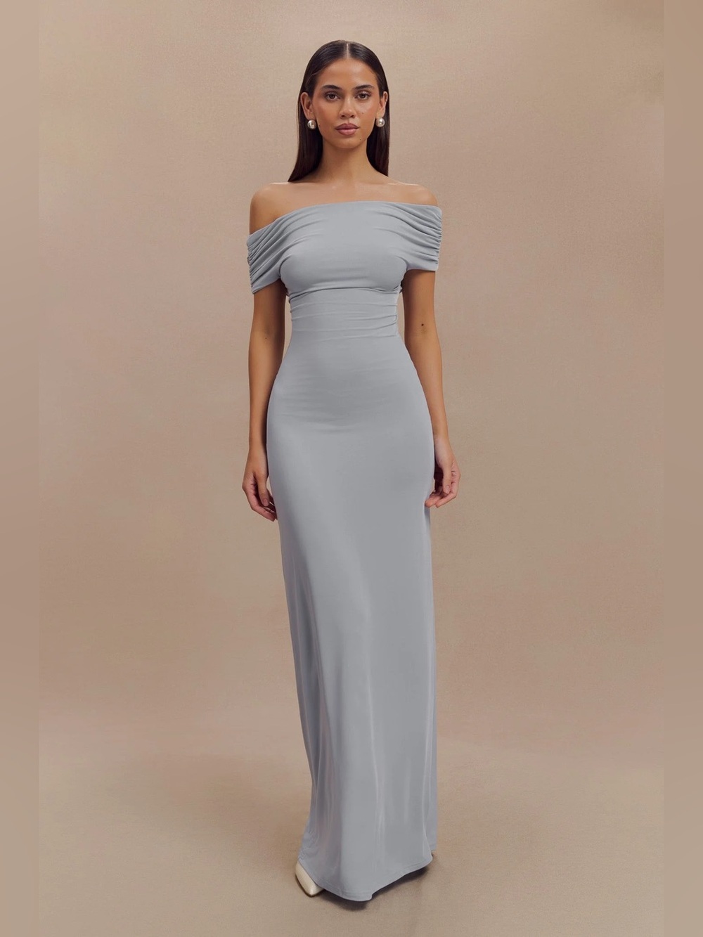 MESHKI Imogen Off Shoulder Slinky Maxi Dress - Dusty Blue